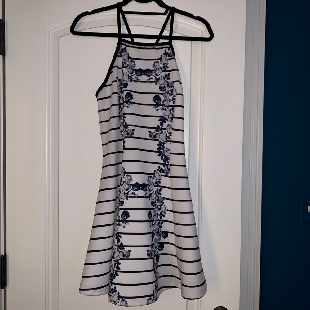 White dress with navy stripes and floral pattern